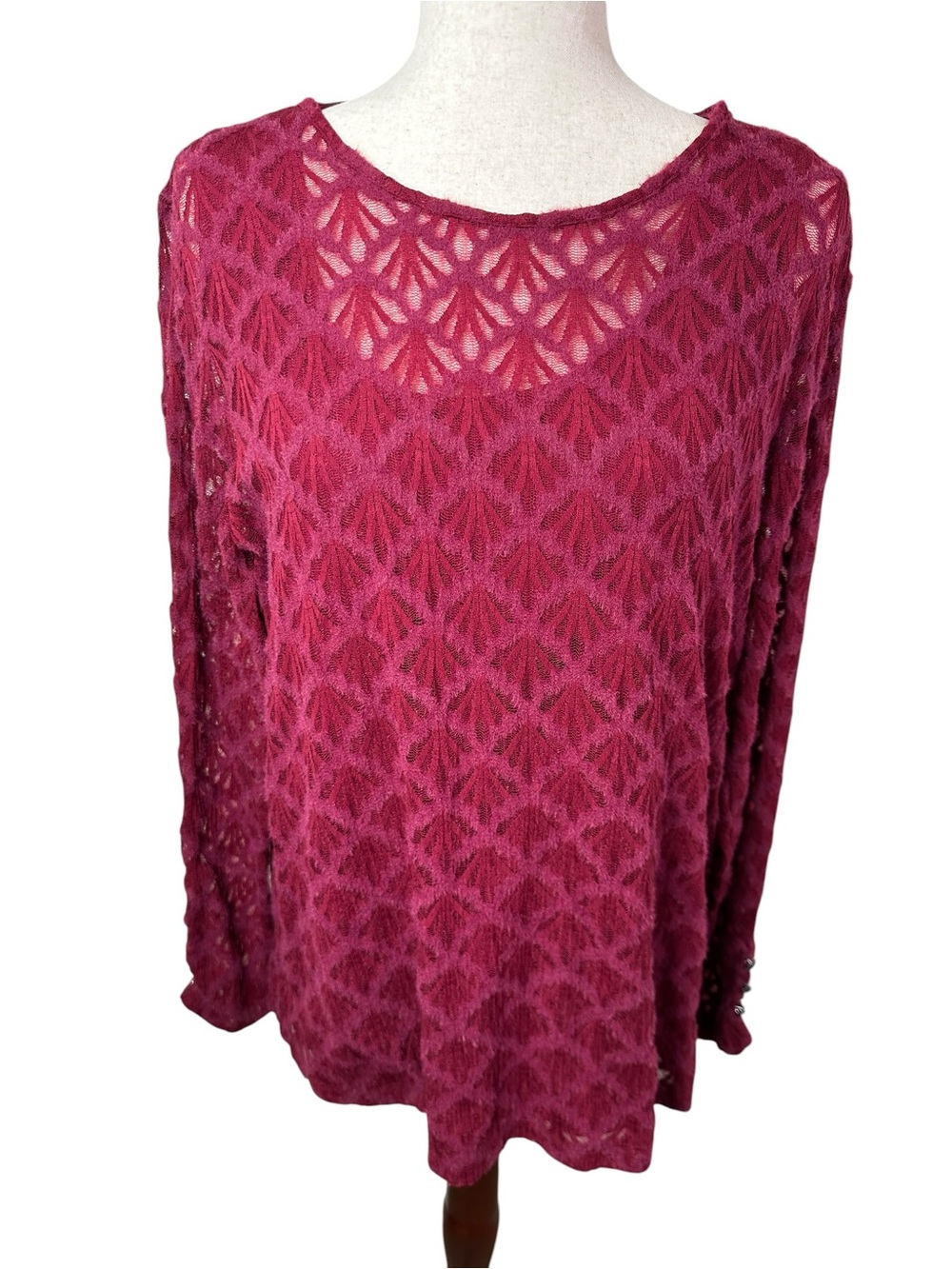 Susan Graver Burgundy Lace Tunic Top XL Rhinestone Button Cuffs